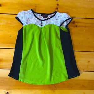 Green and black blouse with lace top